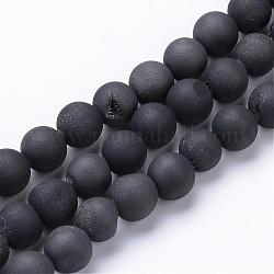 Chapelets de perles en agate de géode naturelle druzy électrolytique, Style mat, ronde, noir plaqué, 10~11mm, Trou: 1mm, Environ 37~39 pcs/chapelet, 14.9~15.5 pouce