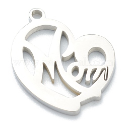 304 Stainless Steel Pendants, Heart with Word Mom, for Mother's Day, Stainless Steel Color, 18x17x1.5mm, Hole: 1.6mm