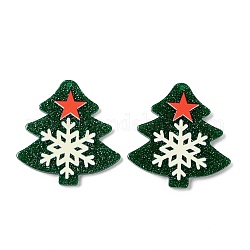 Christmas Printed Acrylic Pendants, with Glitter Powder, Tree with Star & Snowflake, Dark Green, 38.5x36.5x2~2.5mm, Hole: 1.4~1.5mm