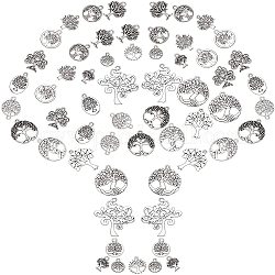 Pandahall Elite 64pcs 16 Legierungsanhänger im tibetischen Stil, Cadmiumfrei und Nickel frei und Bleifrei, flach rund mit Baum des Lebens, Antik Silber Farbe, 13.5~41x10~37x1~2.5 mm, Bohrung: 1.2~2 mm, 4pcs / style