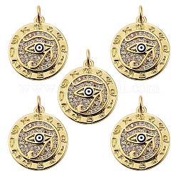 5Pcs Brass Micro Pave Clear Cubic Zirconia Pendants, with Enamel & Jump Rings, Long-Lasting Plated, for Religion, Flat Round with The Eye of Ra/Re, Real 18K Gold Plated, 20x18x3mm, Hole: 3mm
