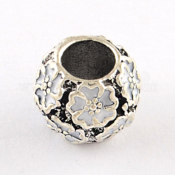 Argento antico placcato perline europei cavità flower pattern rondelle stile tibetano in lega di smalto, perline con foro grande, bianco, 10x8~9mm, Foro: 5 mm