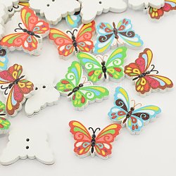 Gedruckt Schmetterling Holzknöpfen, 2-Loch, gefärbt, Mischfarbe, 17x24x4 mm, Bohrung: 1 mm