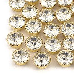 Cose en el rhinestone, Diamantes de imitación de cristal, con ajustes de puntas de latón, accesorios de prendas de vestir, plano y redondo, dorado, cristal, 9x6mm, agujero: 1.2 mm