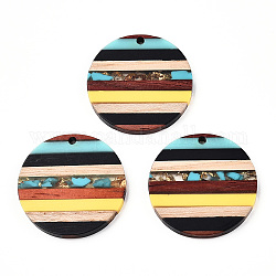 Transparent Resin & Walnut Wood Pendants, with Gold Foil, Flat Round Charm, Yellow, 30x3.5mm, Hole: 2mm