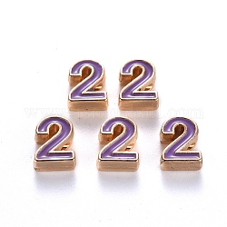 Abalorios de aleación de esmalte, número, sin plomo y cadmio, la luz de oro, violeta oscuro, num. 2, 10x7.5x3mm, agujero: 1.5 mm