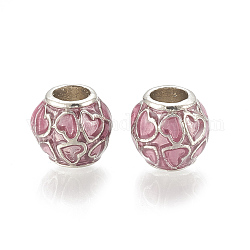 Perles européennes en alliage, Perles avec un grand trou   , avec l'émail, rondelle avec le coeur, platine, perle rose, 11x10mm, Trou: 5mm