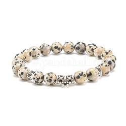 Bracelet extensible en jaspe dalmatien naturel avec perles en alliage, bijoux en pierres précieuses pour femmes, diamètre intérieur: 2-1/4 pouce (5.7 cm)