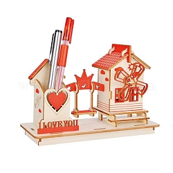 Puzzle in legno 3d fai da te, kit modello di casa del cuore artigianale, con portapenne, giocattolo di assemblaggio regalo in legno per bambini, amico, arancio rosso, 72x182x121mm, 37 pc / set