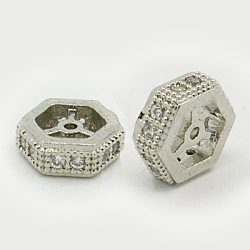 Perline zirconi micro pave  in ottone, cavo, esagono, platino, 3.5x10mm, Foro: 1 mm