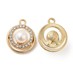 Alloy Pendants, with Crystal Rhinstone and ABS Plastic Imitation Pearl, Flat Round Charm, Lead Free & Cadmium Free, Light Gold, 21x17.5x8.5mm, Hole: 1.8mm