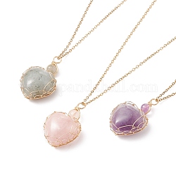 Copper Wire Wrapped Natural Mixed Stone Heart Pendant Necklaces, Golden Plated 304 Stainless Steel Necklace for Women, 17.52 inch(44.5cm), 1.5mm