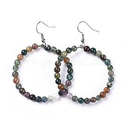 Natural Moss Agate Dangle Earrings, with Stainless Steel Hook, Ring, 60~61x44mm, Pin: 0.6mm