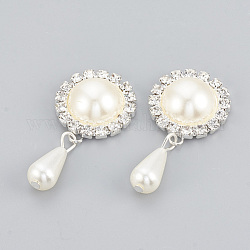 Brass Rhinestone Flat Back Cabochons, with Acrylic Rhinestone and ABS Plastic Imitation Pearl , Half Round and Drop, Silver Color Plated, 41mm, Flat Round: 22.5x20.5x7.5mm, Teardrop: 19x7.5mm