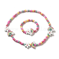 Ensemble de bijoux en bois d'érable et acrylique, collier de perles et bracelet extensible pour enfants, arc en ciel, bracelet : diamètre intérieur : 1-5/8 pouce (4.1 cm), collier : 15-7/8 pouce (40.4 cm)
