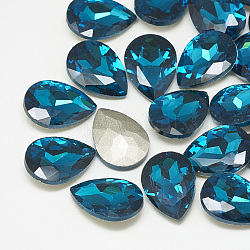 Pointed Back Glass Rhinestone Cabochons, Back Plated, Faceted, teardrop, Capri Blue, 18x13x5mm