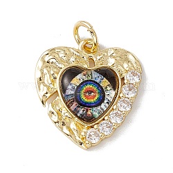 Brass Micro Pave Clear Cubic Zirconia Pendants, with Resin and Jump Rings, Lead Free & Cadmium Free, Heart with Eye, Real 18K Gold Plated, Colorful, 20.5x19x4.5mm, Hole: 4mm