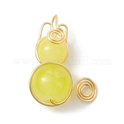 Imitation Jade Glass Beads Pendants, with Light Gold Copper Wire Wrapped, Unicorn Charms, Yellow, 20x15~16x8~8.5mm, Hole: 2.5mm
