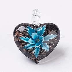 Подвески лэмпворк ручной работы, со цветком внутри , сердце, голубой, 38x33x16 мм, отверстие : 6x6 мм