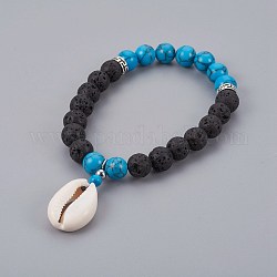 Bracelets stretch breloque coquille cauris, Avec des perles synthétiques turquoise (teintes) et de pierre de lave et des perles d'espacement en alliage de style tibétain, 2-1/4 pouce (5.6 cm)