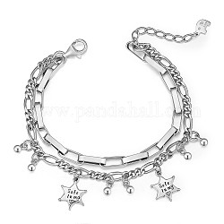 Bracelets multi-rangs en argent sterling plaqué rhodium 925 shegrace, avec chaînes figaro et perles rondes, étoile avec le mot en sécurité dans mon cœur, platine, 6-1/4 pouce (16 cm)