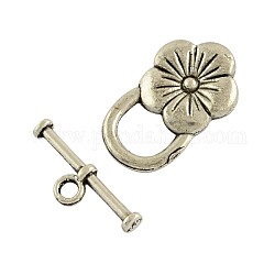 Tibetan Style Flower Toggle Clasps, Cadmium Free & Lead Free, Antique Silver, Flower: 22x14x6mm, Hole: 2mm, Bar: 20x7x3mm, Hole: 2mm, about 340sets/1000g