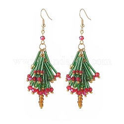 Glass Beaded Christmas Tree Dangle Earrings, Brass Cluster Long Drop Earrings for Women, Colorful, 81~82mm, Pin: 0.6mm