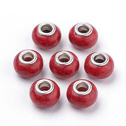 Imitation Turquoise Style Resin European Beads, Large Hole Beads, with Silver Color Plated Brass Double Cores, Rondelle, Red, 14x9.5mm, Hole: 5mm