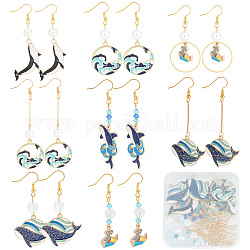 Sunnyclue Kit de fabrication de boucles d'oreilles pendantes sur le thème de l'océan, y compris les pendentifs baleine et vague en alliage d'émail, toupie & lanterne & perles de verre imitation perle, Crochets d'oreille en laiton, couleur mixte, 104 pcs / boîte