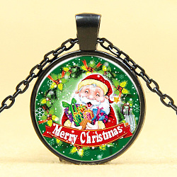 Frohe Weihnachten Bild Glas Anhänger Halsketten, mit Leichtmetallketten, flach rund mit Weihnachtsmann, Metallgrau, 18 Zoll (45 cm)