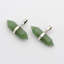 Natural Green Aventurine Double Terminated Pointed Pendants, with Platinum Plated Brass Findings, Bullet, 15.5x30~35x8~9mm, Hole: 5x7.5mm