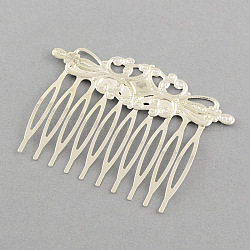 Iron Hair Comb Findings, with Brass Flower, Silver Color Plated, 38x52mm, Flower: 20x65mm