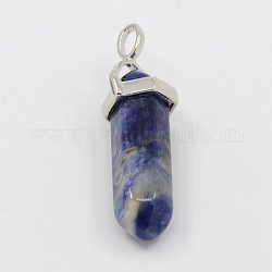 Natural Sodalite Pointed Pendants, with Brass Findings, Bullet, Platinum, 38~45x13mm, Hole: 4x2mm