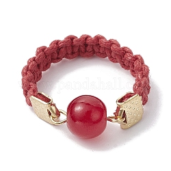 Bague en verre style perle tressée, boule ronde, avec des cordons de coton ciré, rouge, diamètre intérieur: 18 mm
