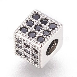 Perline zirconi micro pave  in ottone, cubo, nero, Vero platino placcato, 5x5.5x5.5mm, Foro: 2.5 mm
