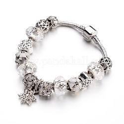 Fashion Brass European Bracelets, with Glass Beads and Alloy Rhinestone Beads, Clear, 190x3mm