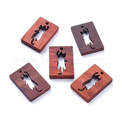 Pendentifs en bois de santal naturel, non teint, rectangle avec chat, firebrick, 33x23x3~6mm, Trou: 2mm