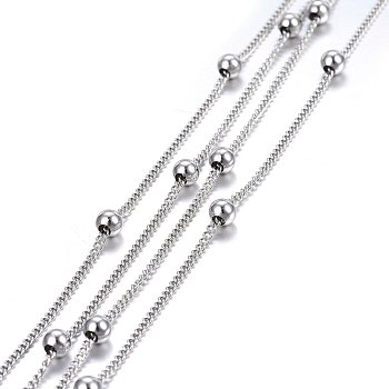 304 Stainless Steel Twisted Chains/Curb Chains, Satellite Chains, Soldered, Stainless Steel Color, 1.8x1.4x0.4mm, Beads: 4x3.5mm