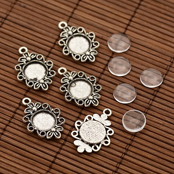 Tibetan Style Filigree Alloy Flower Pendant Cabochon Settings and Transparent Flat Round Glass Cabochons DIY-X0235-AS