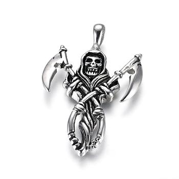 Fashionable Retro Men's Halloween Jewelry 304 Stainless Steel Grim Reaper Pendants, Antique Silver, 52x33x5mm, Hole: 4x7mm