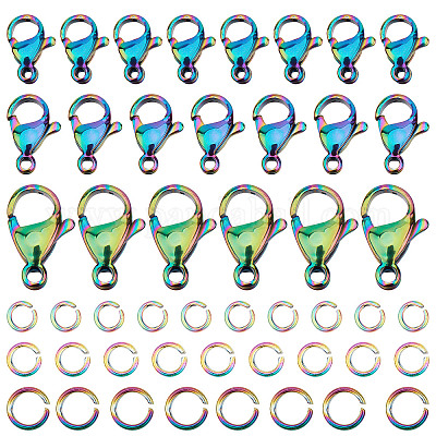 SUNNYCLUE 1 Box 120Pcs 60 Sets Stainless Steel Lobster Clasps Rainbow  Lobster Claw Clasps End Chain Clasp Jump Rings Lobster Claw Connectors for