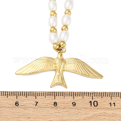 Ожерелья с подвеской в виде птицы из нержавеющей стали 304 и пластика с имитацией жемчуга для женщин NJEW-P330-02G-1