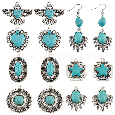 PandaHall Elite 12Pcs 6 Styles Synthetic Turquoise Pendants, with Antique  Silver Tone Alloy Findings, Eagle & Square & Oval & Flat Round & Heart