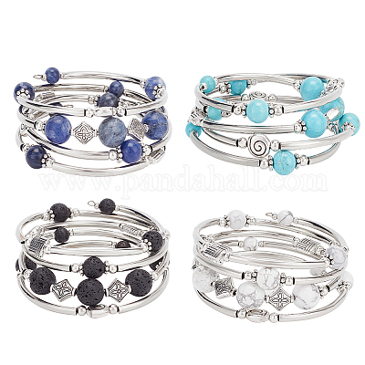 4шт. 4 стиля браслета с круглыми бусинами из натуральных смешанных драгоценных камней BJEW-AN0001-35-1