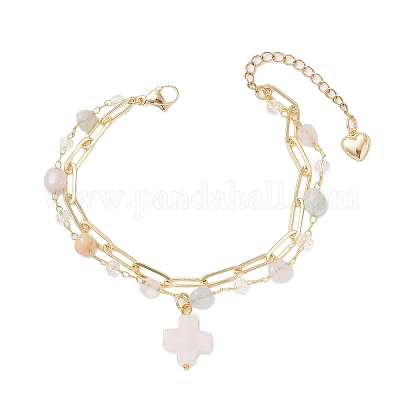 Многослойные браслеты из натуральных бусин морганита BJEW-JB12217-02-1