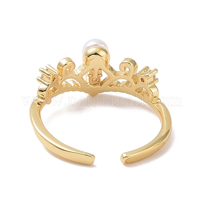 Кольцо-манжета с короной из прозрачного кубического циркония и акриловым жемчугом RJEW-P032-14G-1