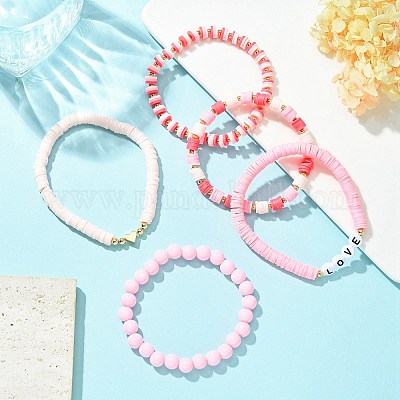 5 шт. 5 стильных браслета со словом любовь из акрила и латуни в форме сердца и полимерной глины BJEW-TA00314-1