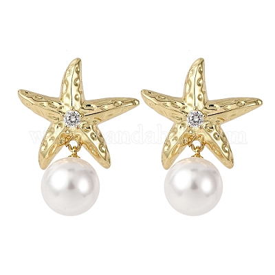 Серьги-гвоздики в форме морской звезды с микропаве из латуни и прозрачными кубическими цирконами EJEW-H165-03B-G-1