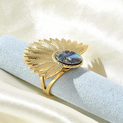 Anelli da dito in conchiglia di paua in acciaio inossidabile 304 con fiore  per donna, placcatura ionica (ip), vero placcato oro 18k,