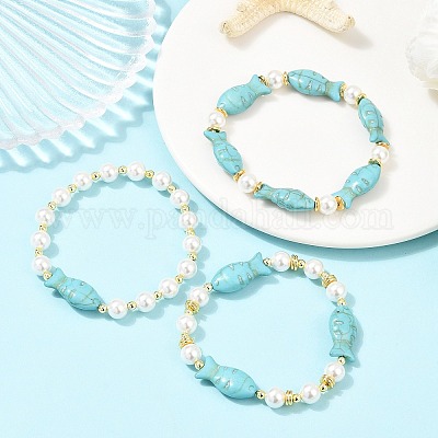 3 комплект из 3-х браслетов из синтетической бирюзы и ракушечного жемчуга для женщин BJEW-JB12488-1